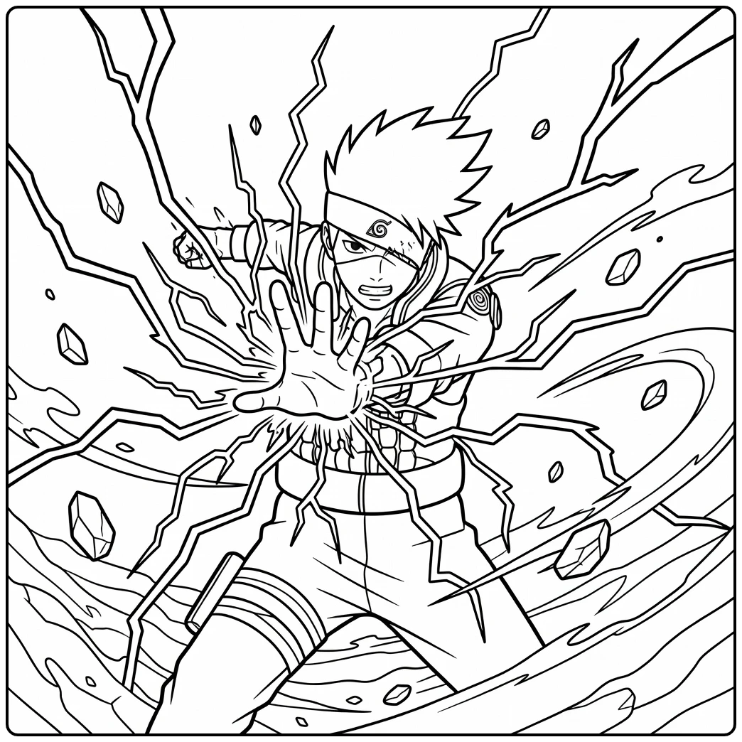 Kakashi Lightning Jutsu with Arm and Wind Action coloring page