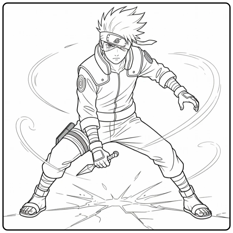 Kakashi in Battle Pose with Cracked Ground coloring page