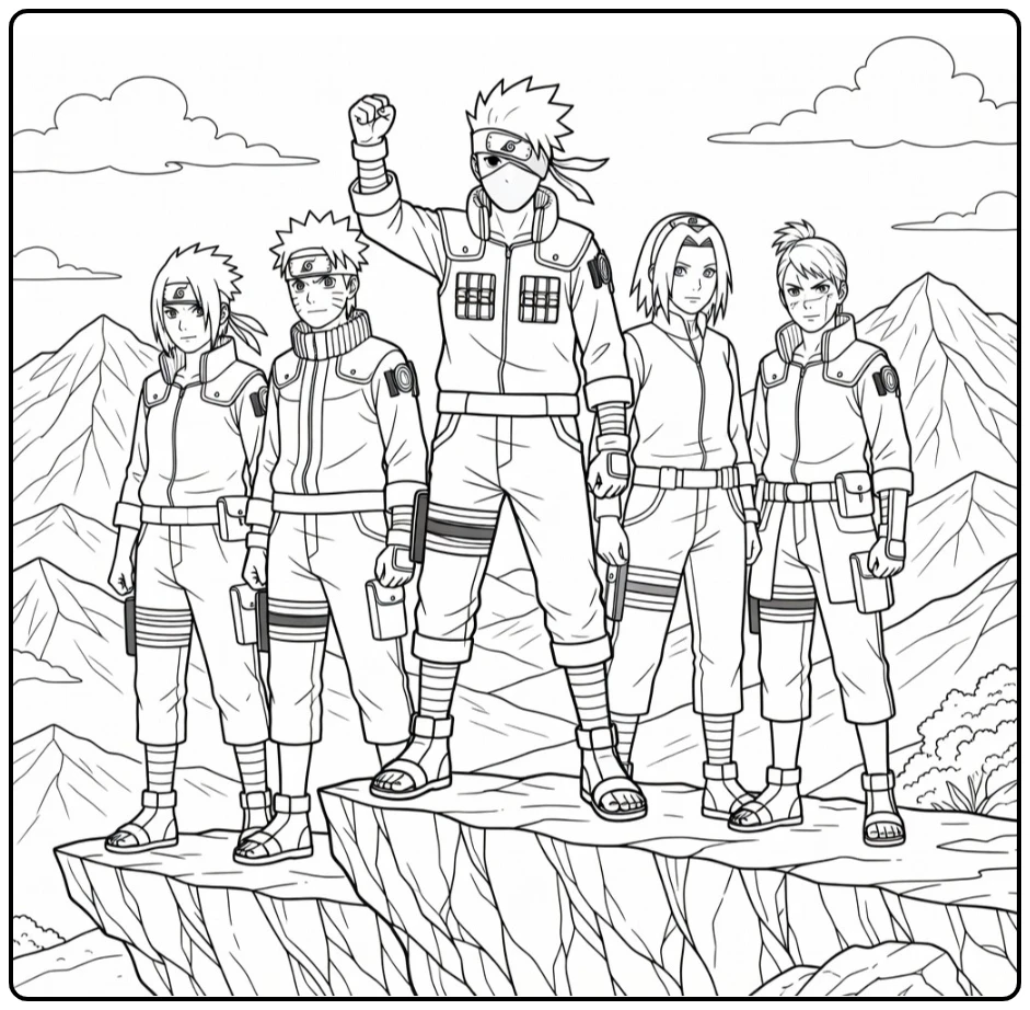 Kakashi in Leadership Pose on Cliff coloring page