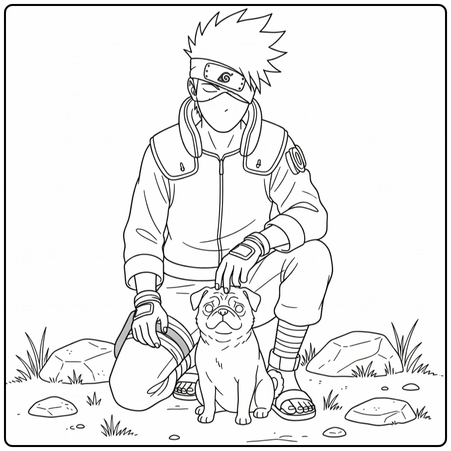 Kakashi Ninja and Small Puppy Beside Him coloring page