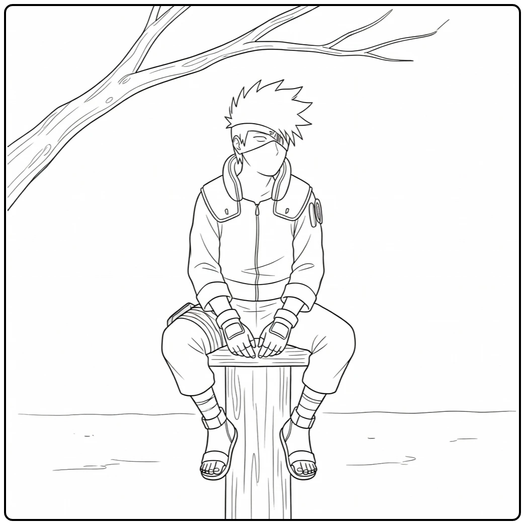 Kakashi Quiet Ninja on Post Under Branch coloring page