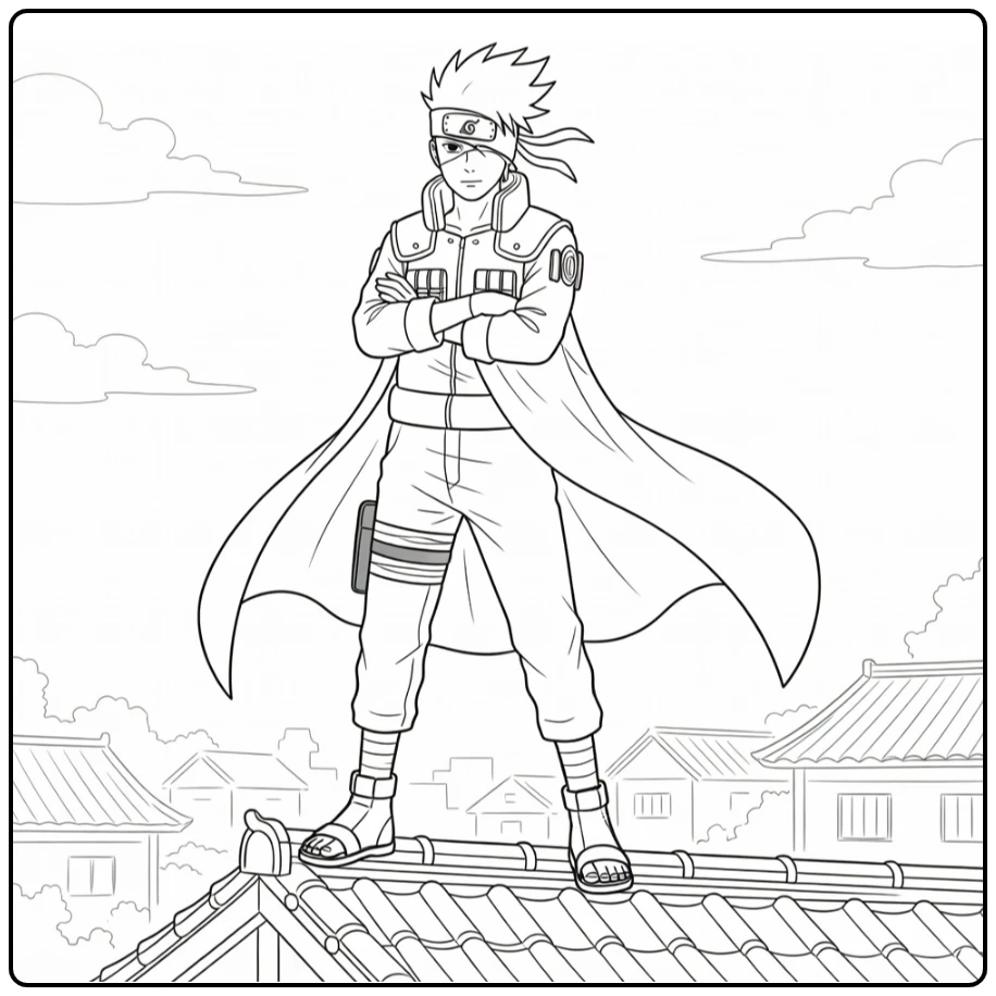 Kakashi on Roof with Flowing Cloak coloring page