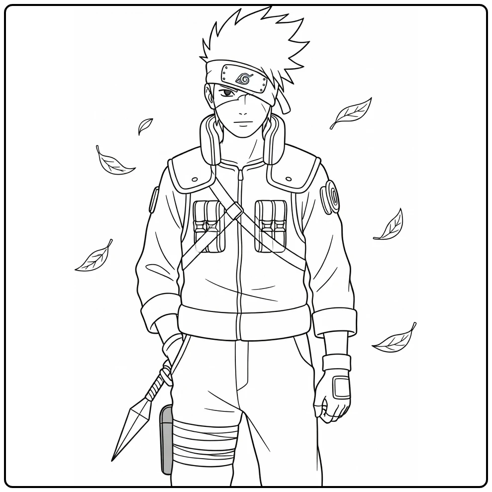 Kakashi coloring page standing with a kunai and drifting leaves