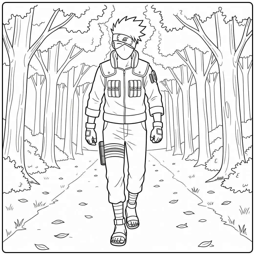 Kakashi Walking in Forest with Details Outfit coloring page