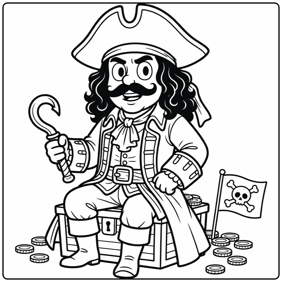 Captain Hook Sitting with Grin and Coins coloring page