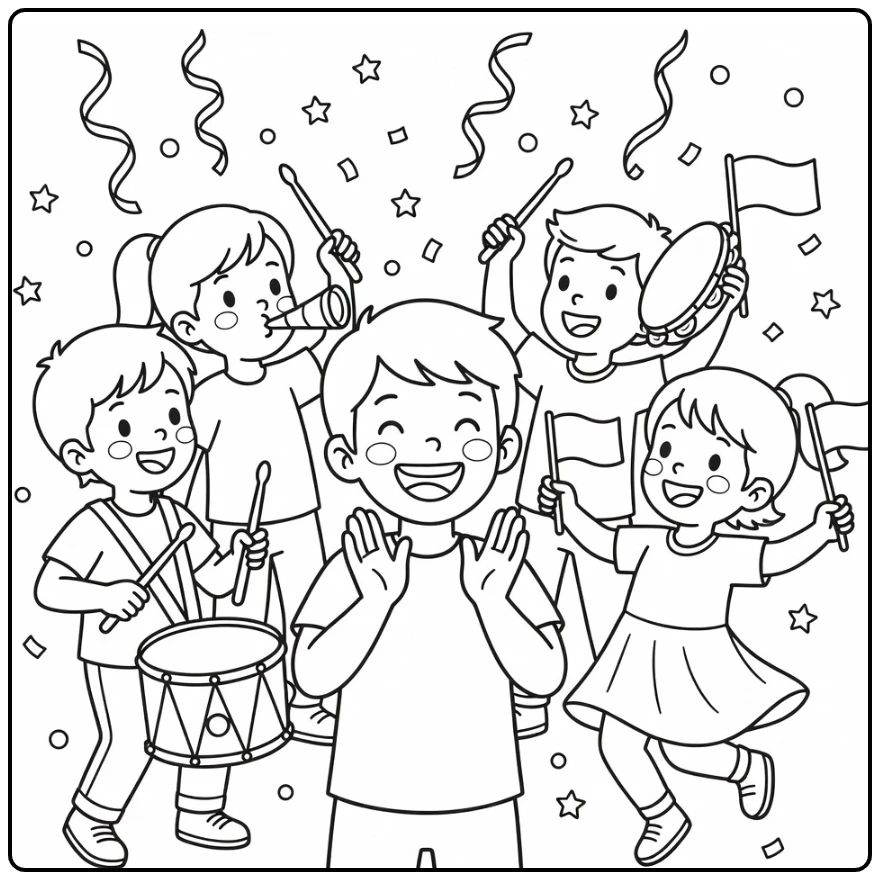 Children on King's Day Joyful Music Scene coloring page