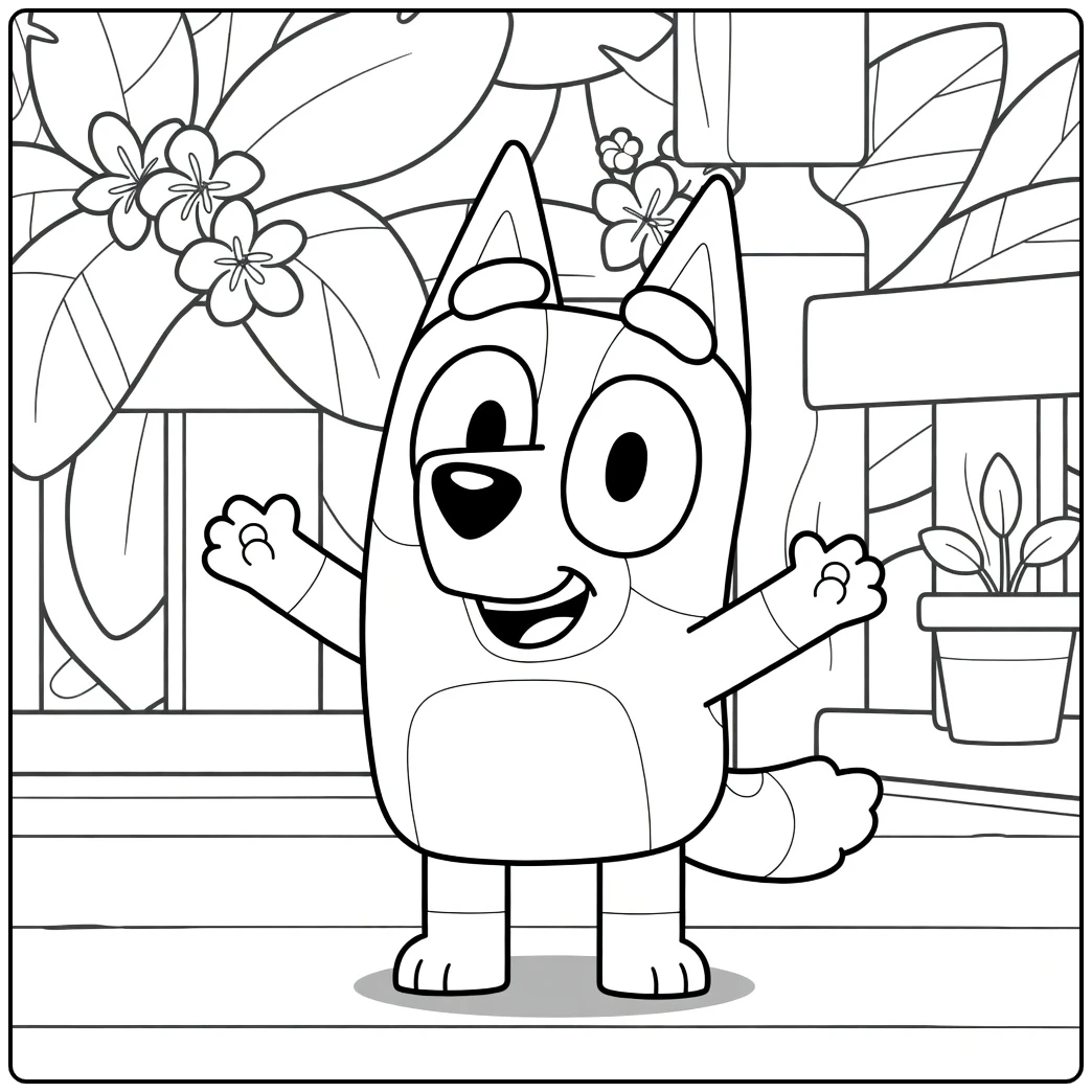 Bingo Bluey Waving Happy Tropical Garden coloring page
