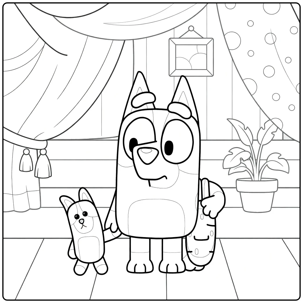 Bingo Bluey and Little Sister in House with Plant coloring page