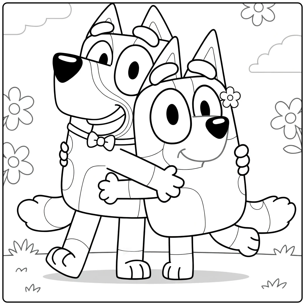 Bingo Bluey Sisters Hugging Cheerful coloring page