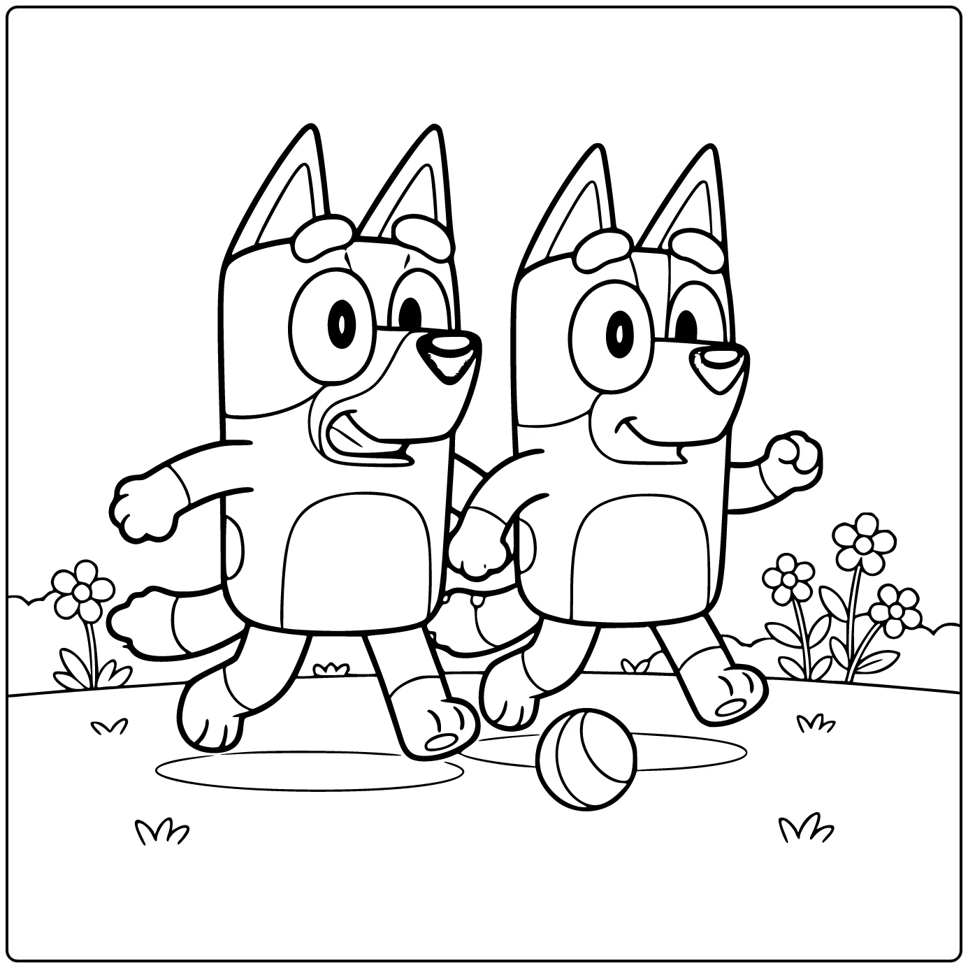 Bluey and Bingo Playing Running in Backyard coloring page