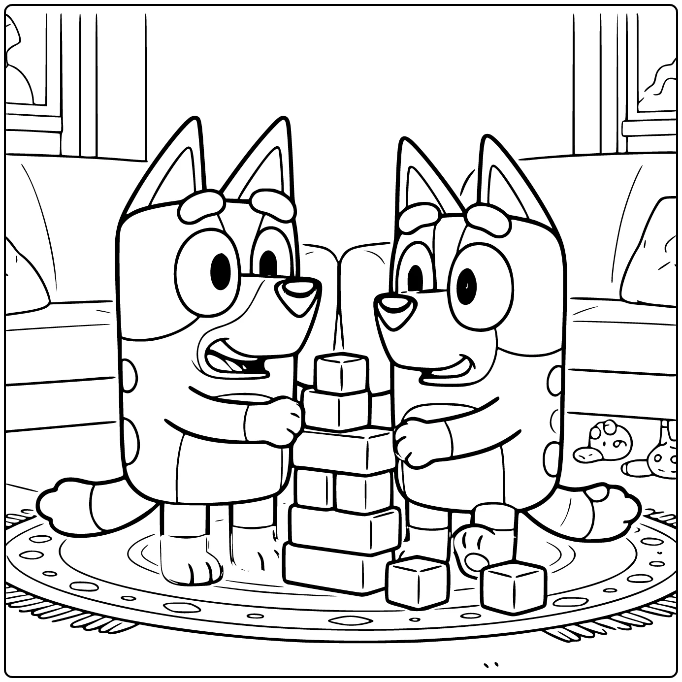 Bluey and Bingo Sitting Together on Carpet coloring page