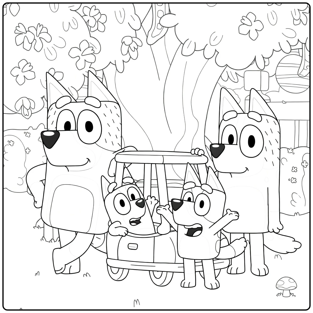Bluey Family Jeep in Garden with Mushroom coloring page