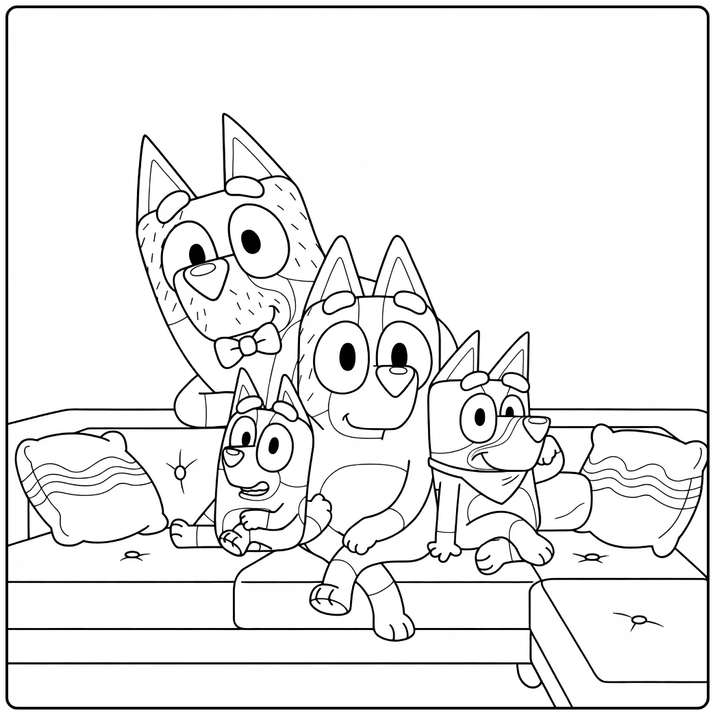 Bluey Family Cozy on the Sofa coloring page
