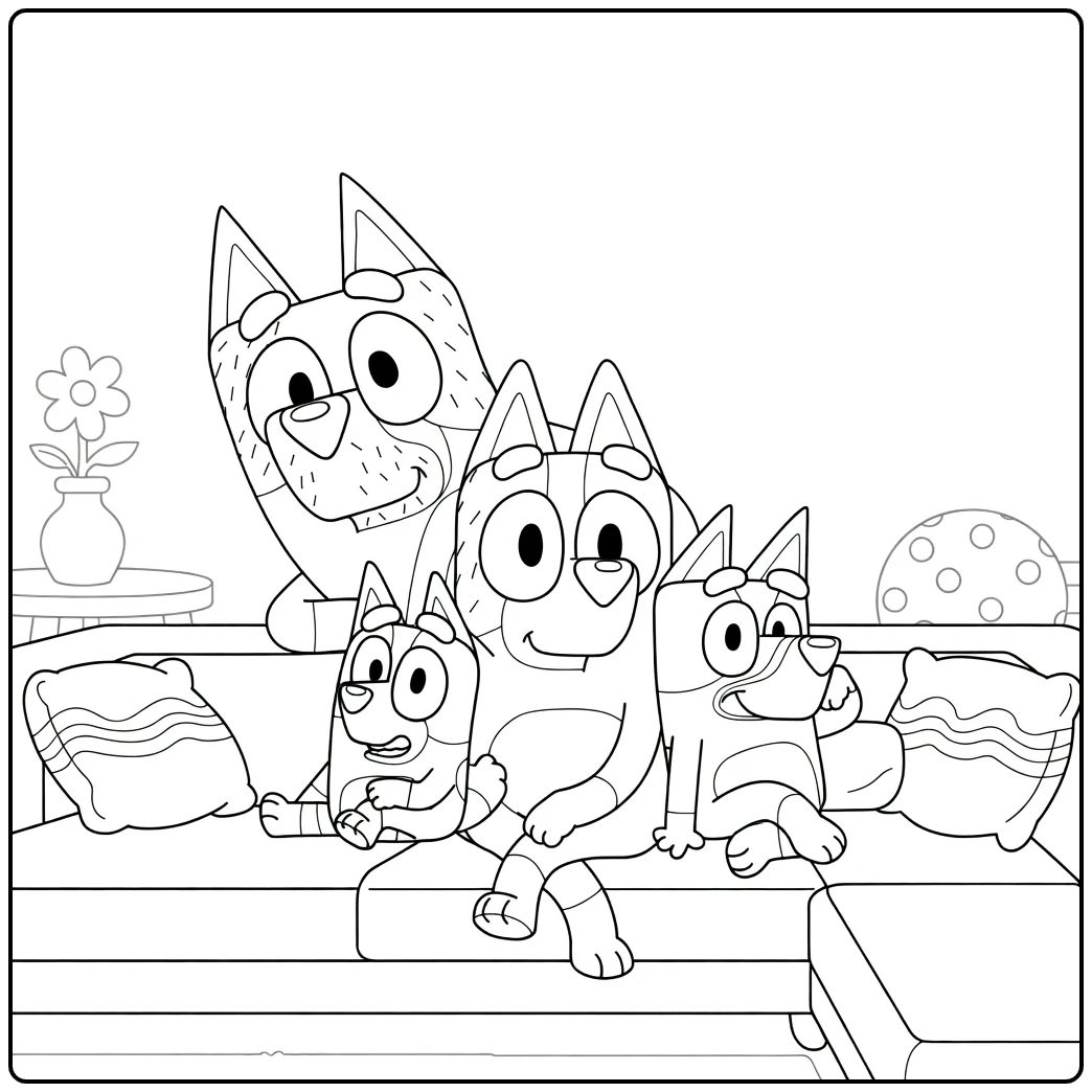 Bluey Family Cozy Together on Sofa coloring page