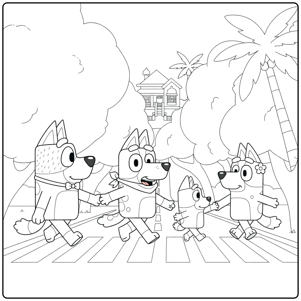 Bluey Family Crossing with Tropical House coloring page