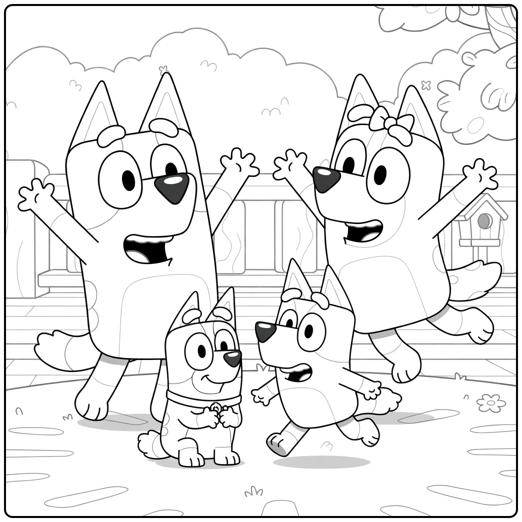 Bluey Family Posing Happy in Garden coloring page