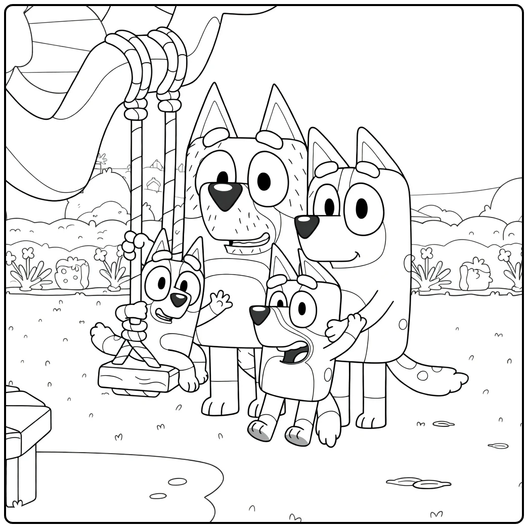 Bluey family coloring page on a playground swing