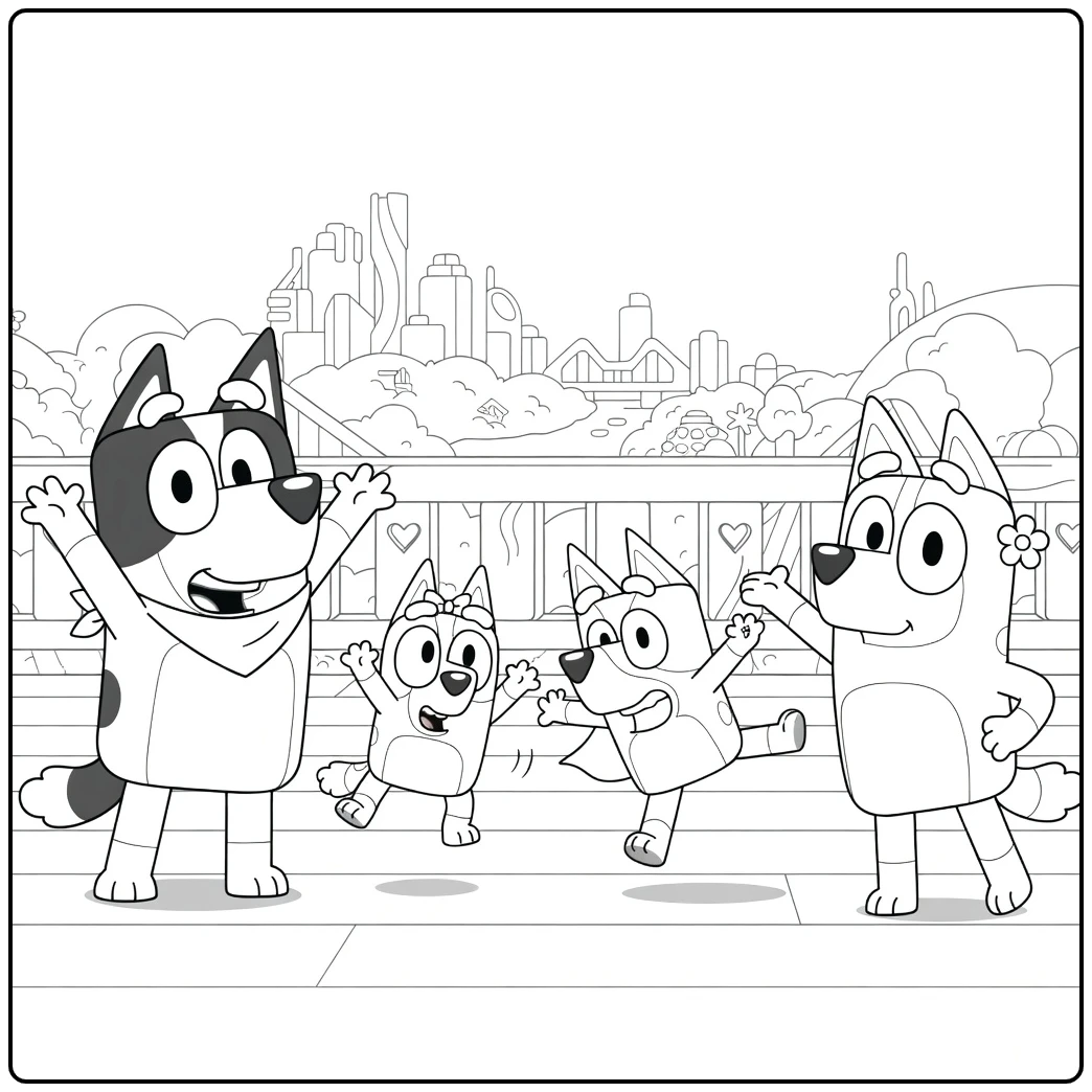 Bluey Family Cheerful on Balcony with Skyline coloring page