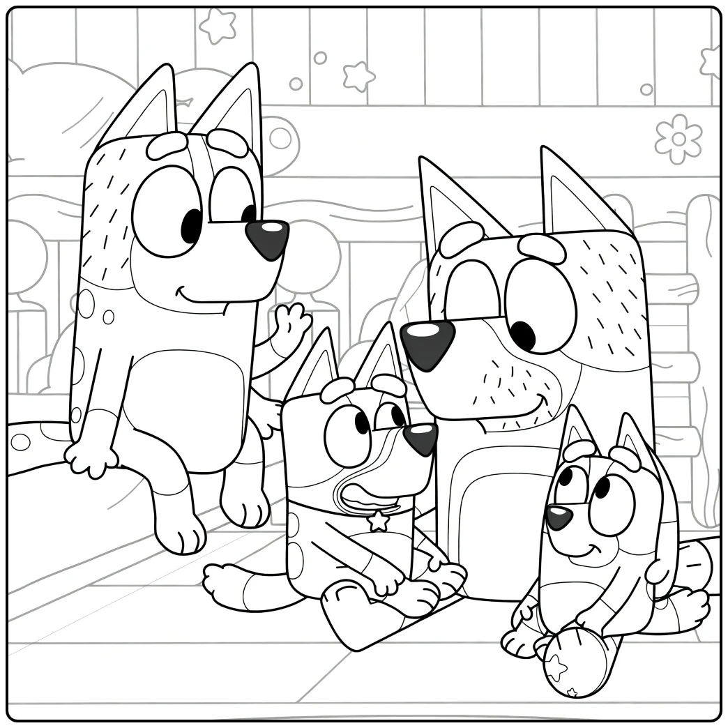 Bluey Family Waving and Playing coloring page