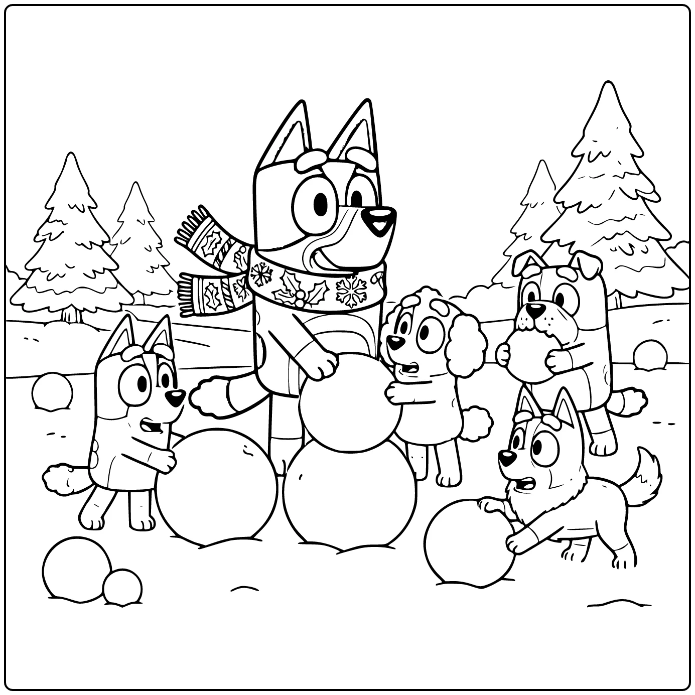 Christmas Bluey Party Scarf with Bingo Coco Judo coloring page