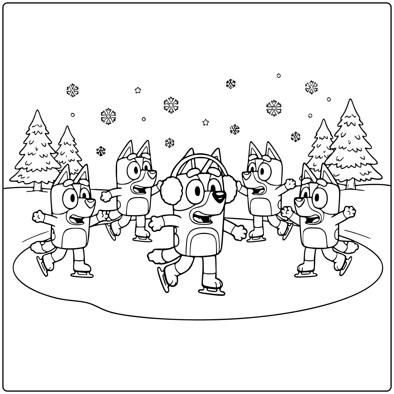 Christmas Bluey Ice Skating with Earmuffs coloring page