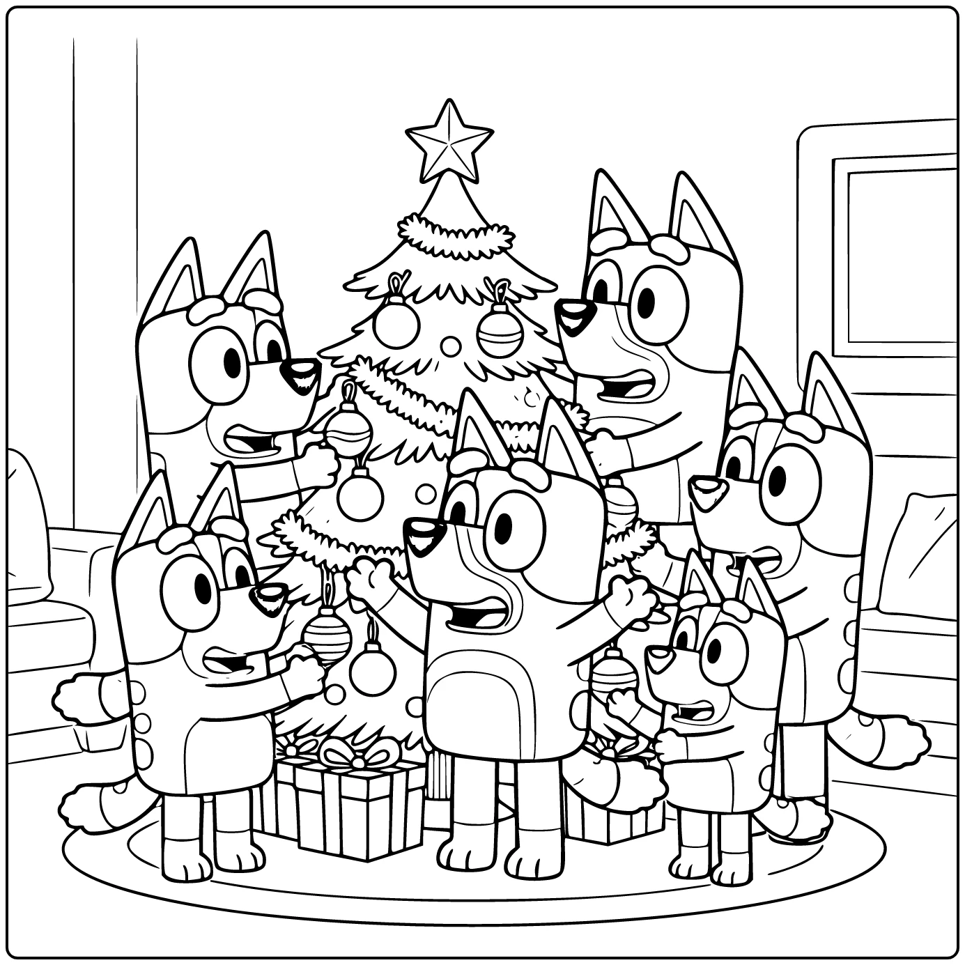 Bluey Standing with Christmas Tree Decorating coloring page