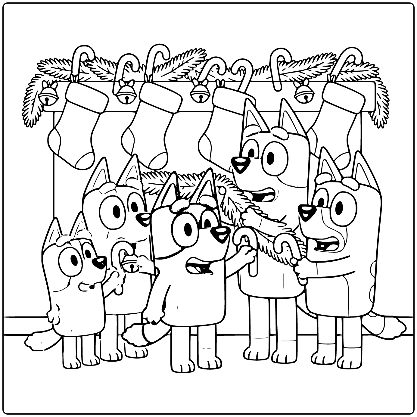 Bluey Christmas coloring page with Bingo and hanging stockings