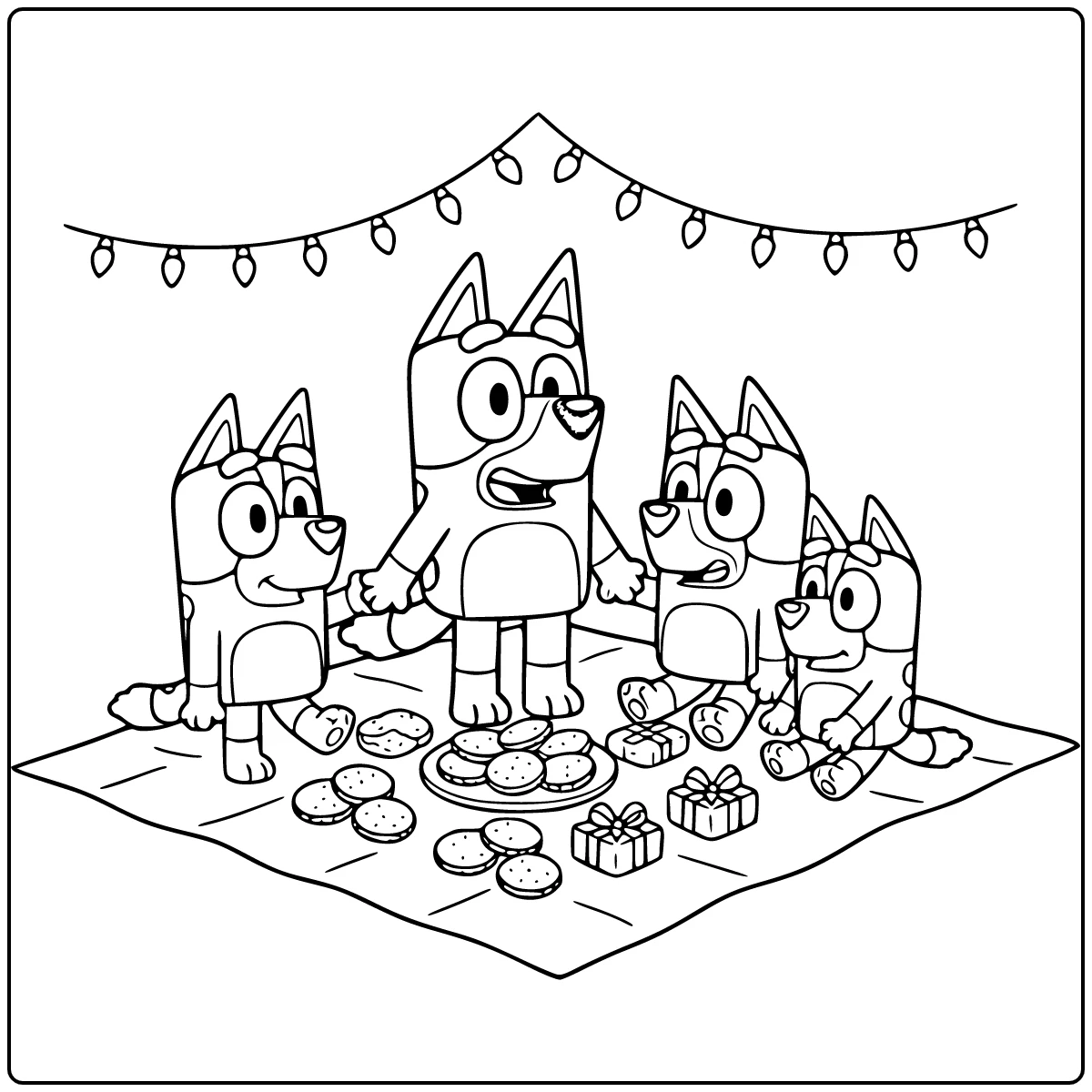 Christmas with Bluey in the Center on Picnic Blanket Family coloring page
