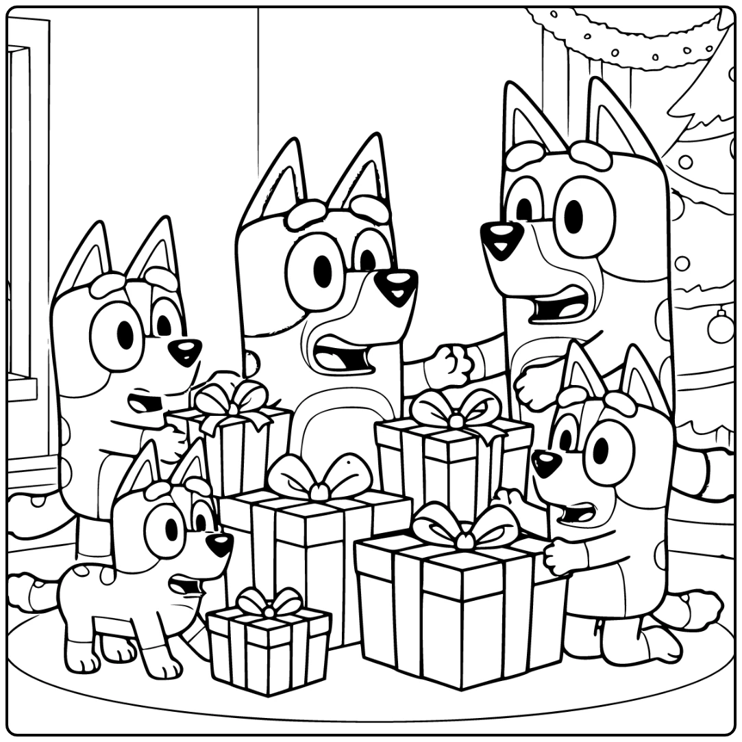 Christmas with Bluey and Wrapped Presents coloring page
