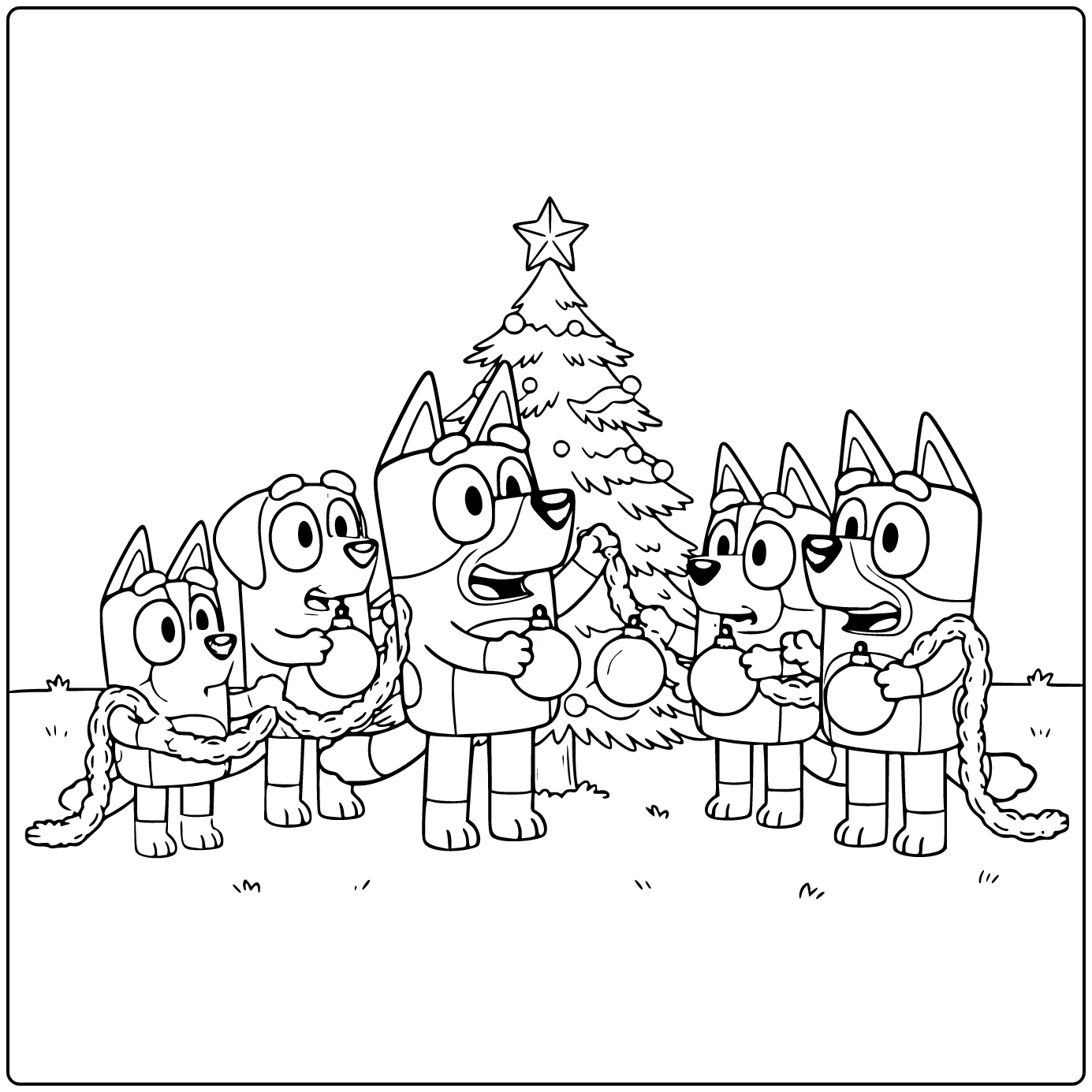 Bluey and Star on Christmas Tree coloring page