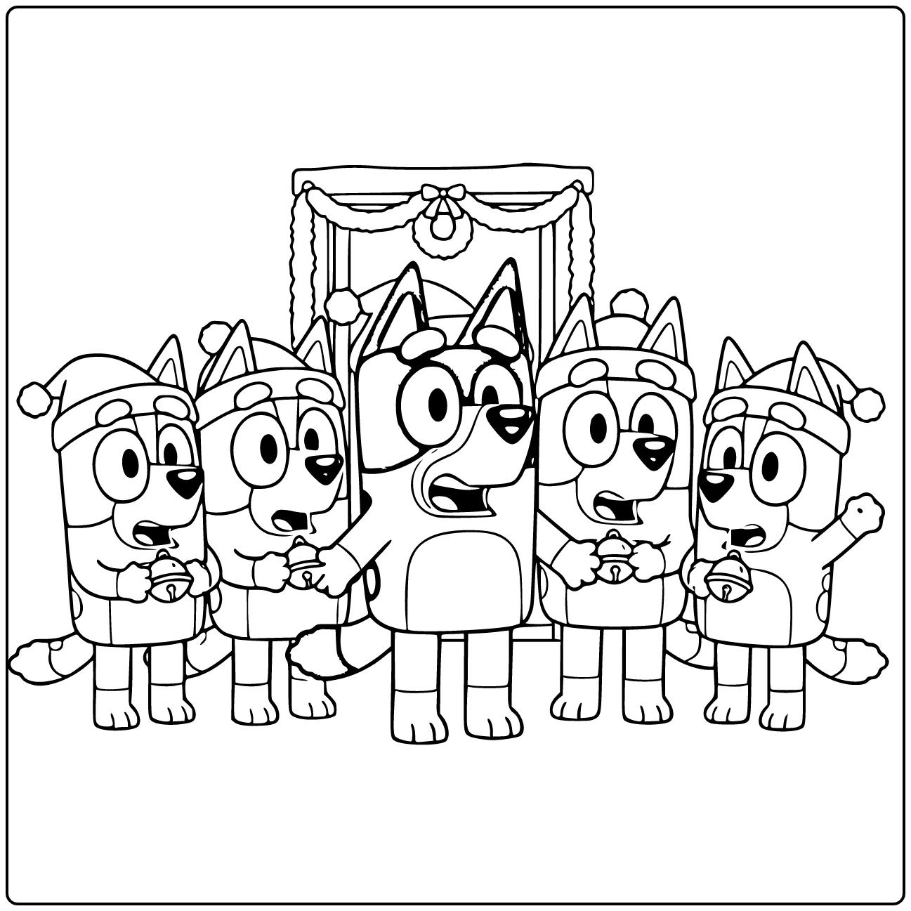 Christmas with Bluey in Center of Carol Party coloring page