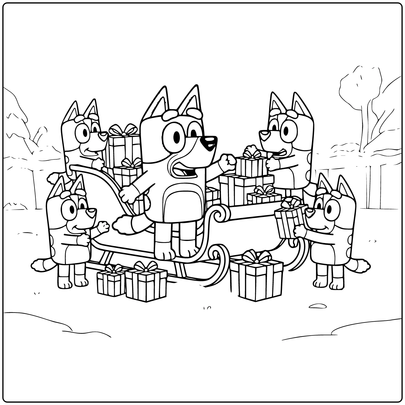 Christmas with Bluey Next to Gift Sleigh and Bingo coloring page