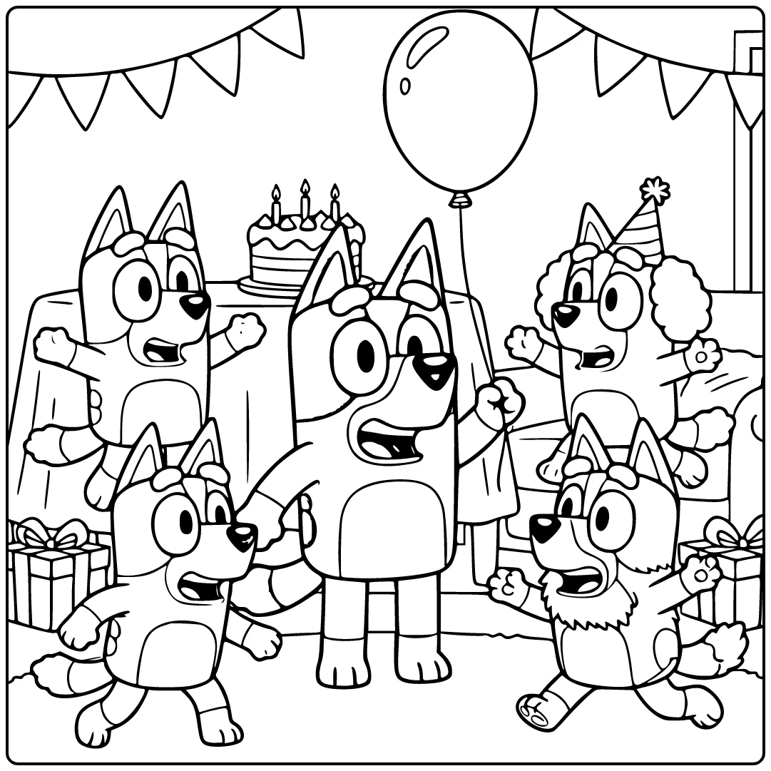 Birthday Bluey in the Center with Balloon and Friends coloring page