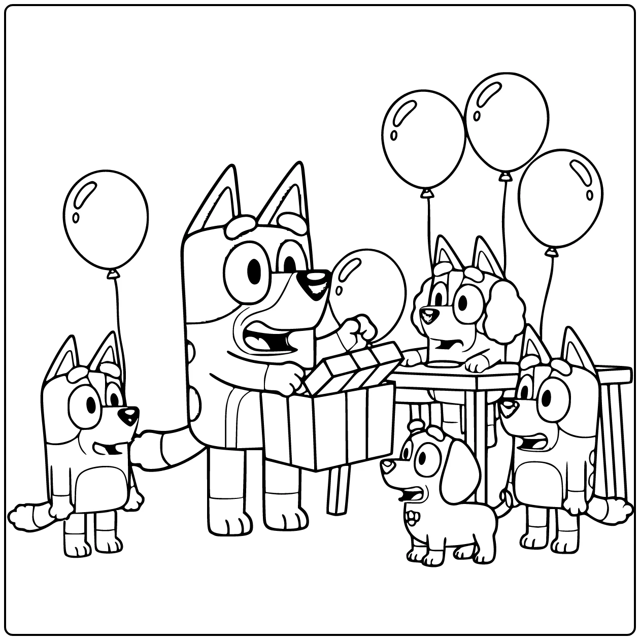 Birthday Bluey Center Gift Unwrapping coloring page