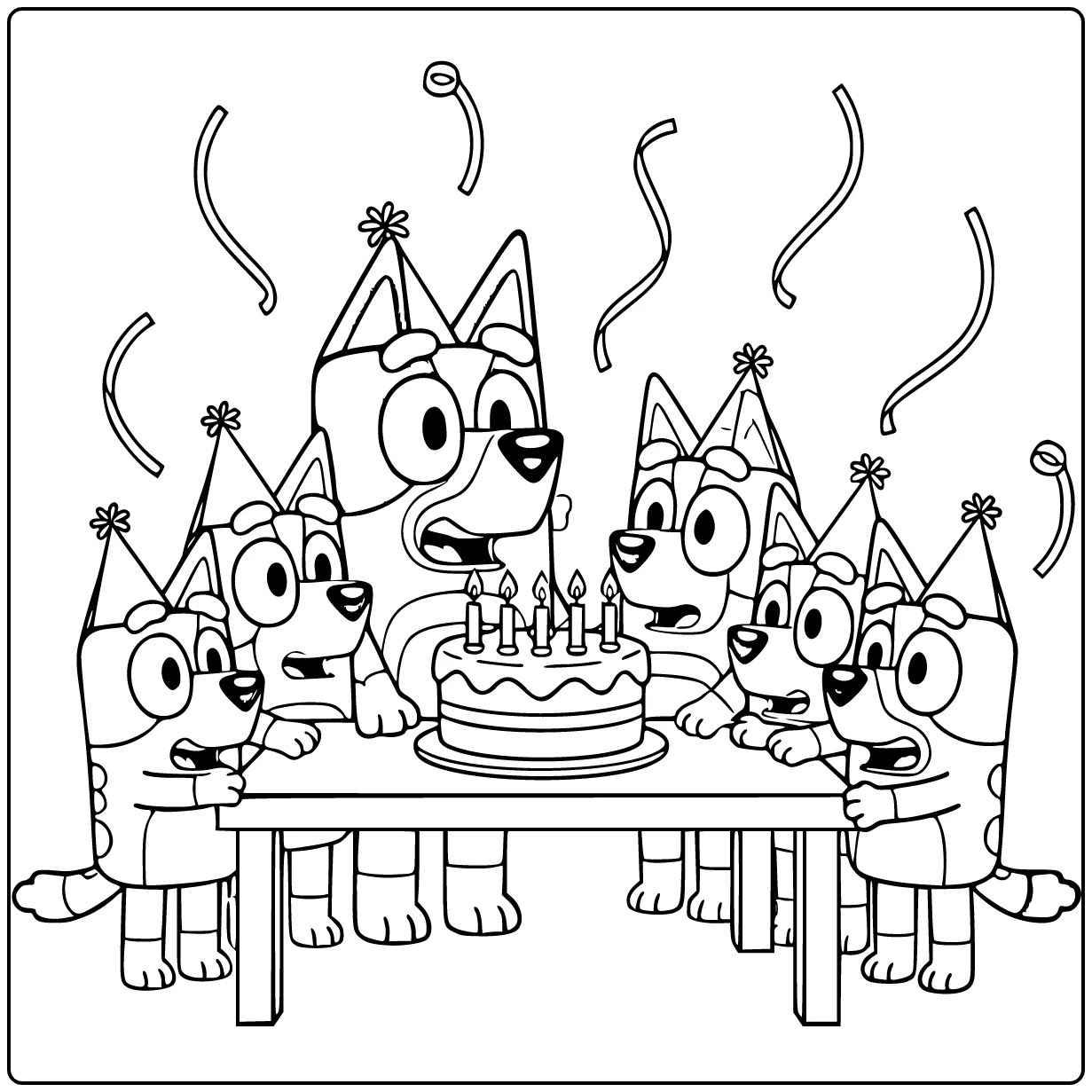 Birthday Bluey on Cake with Bingo coloring page