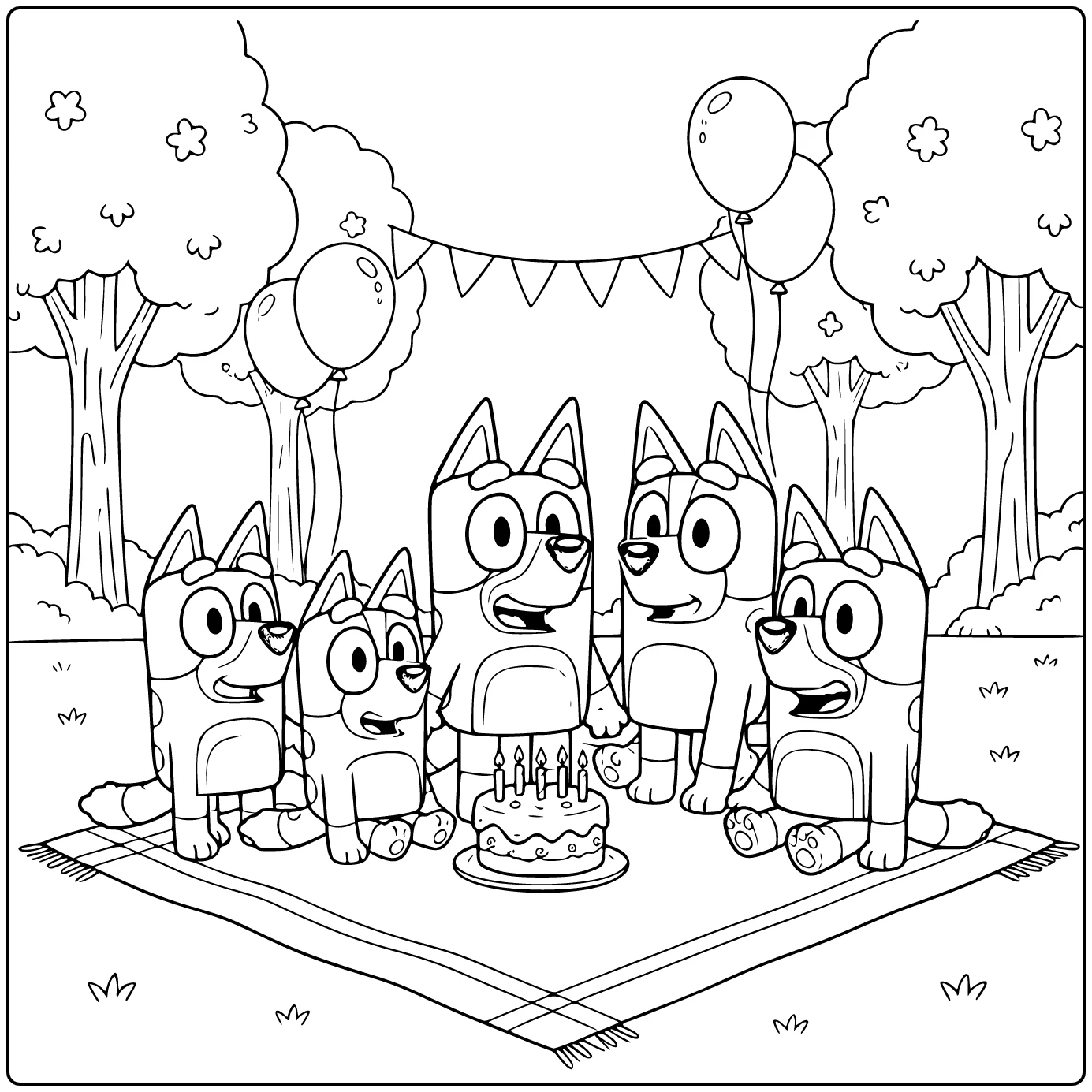 Bluey birthday coloring page with a backyard picnic