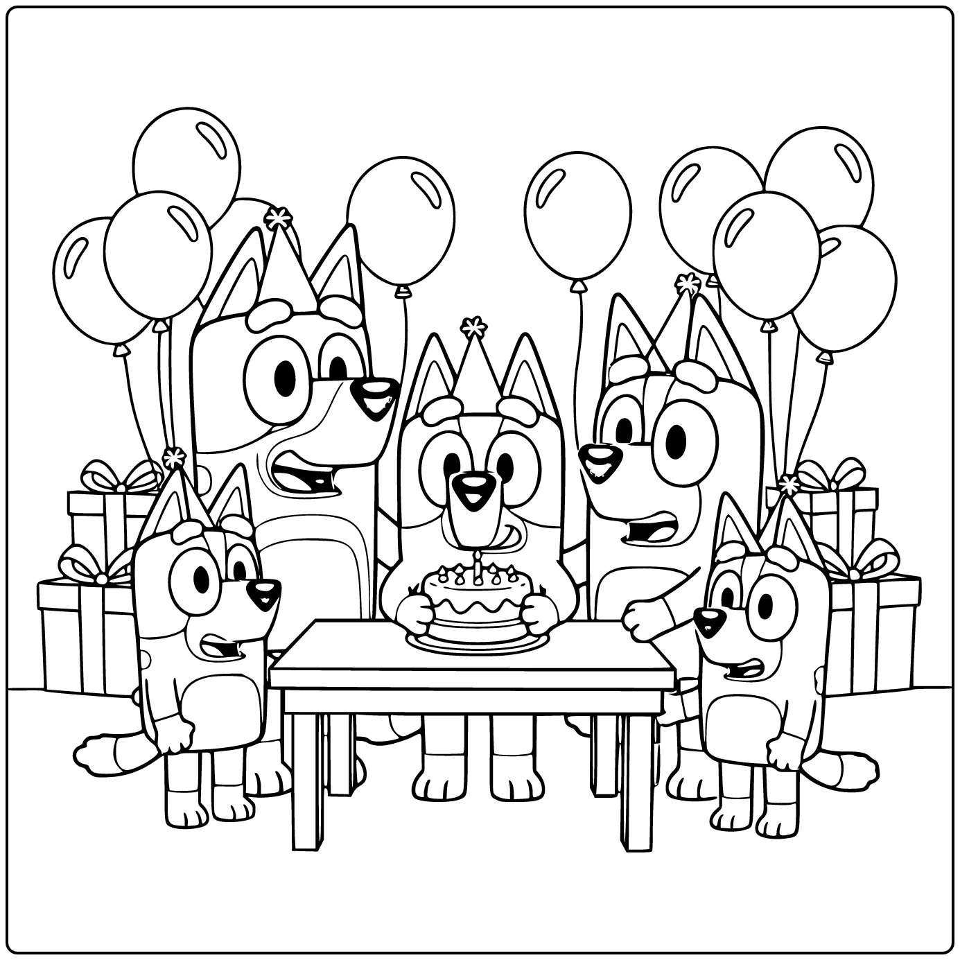 Bluey Birthday Cheerful Table with Cake coloring page