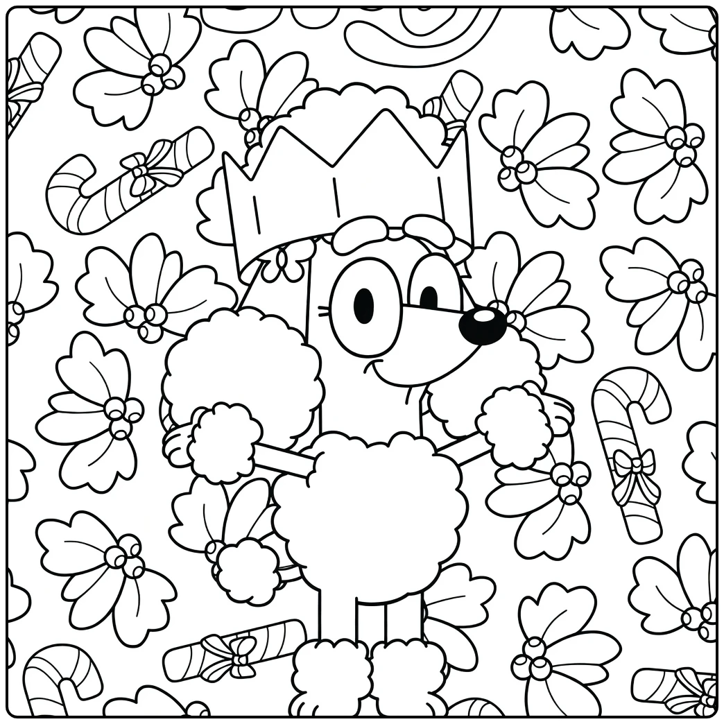 Coco Bluey as Christmas Princess with Peppermint Sticks coloring page