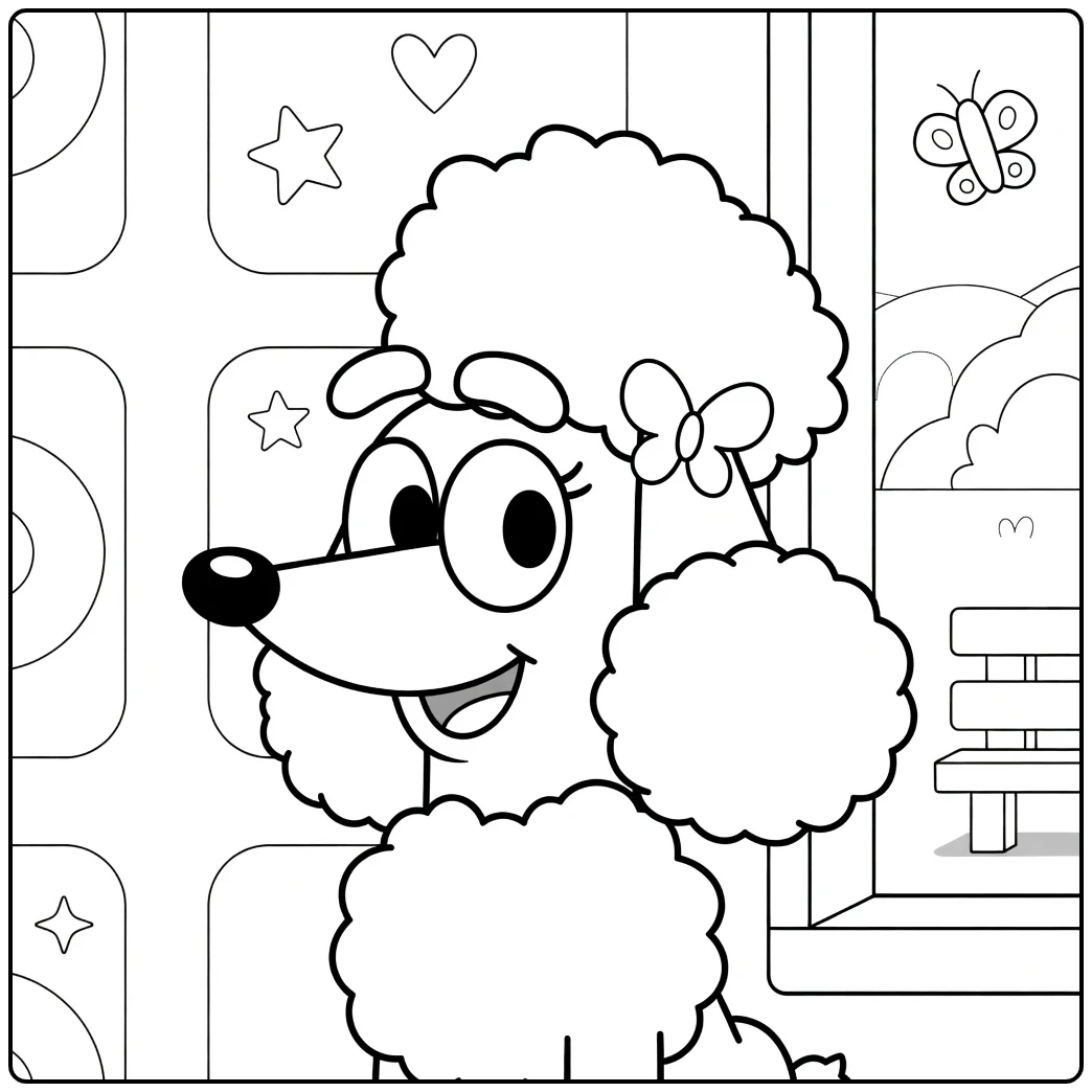 Coco Bluey Happy Poodle Looking from Window coloring page