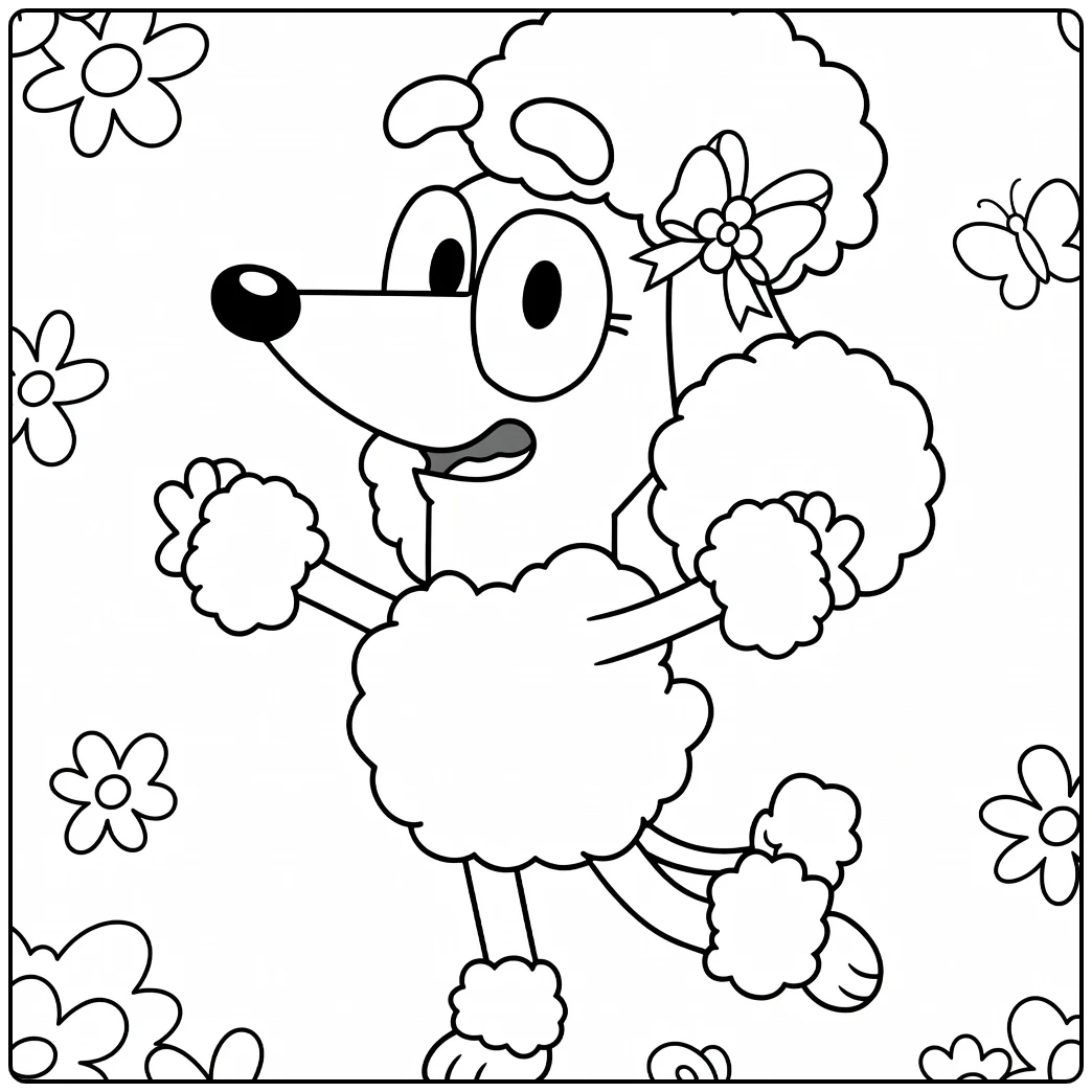 Coco Bluey Dancing with Flowers and Butterflies coloring page