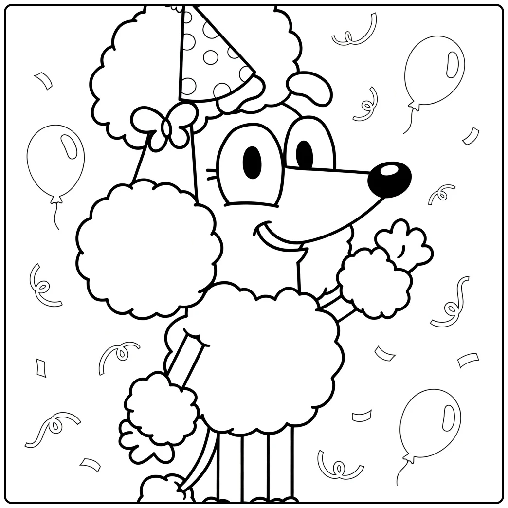 Coco Bluey Poodle with Hat and Party Balloons coloring page