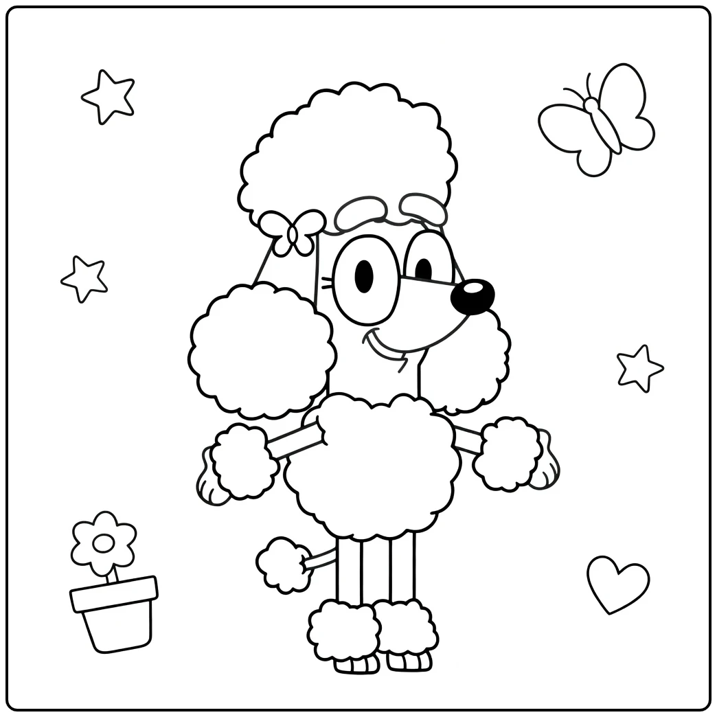 Coco Bluey Cute Poodle with Flower and Heart coloring page