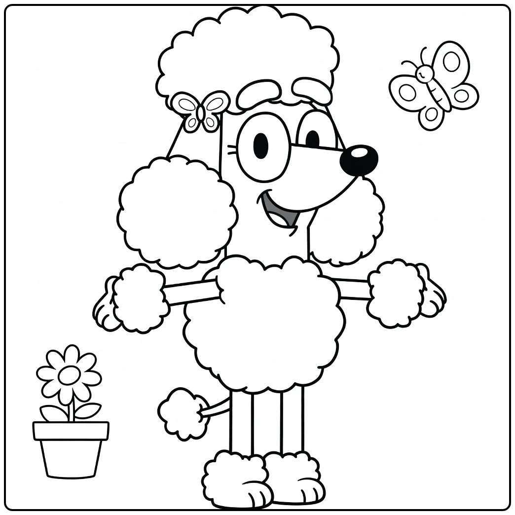 Coco Bluey coloring page with a poodle, butterflies, and a flower