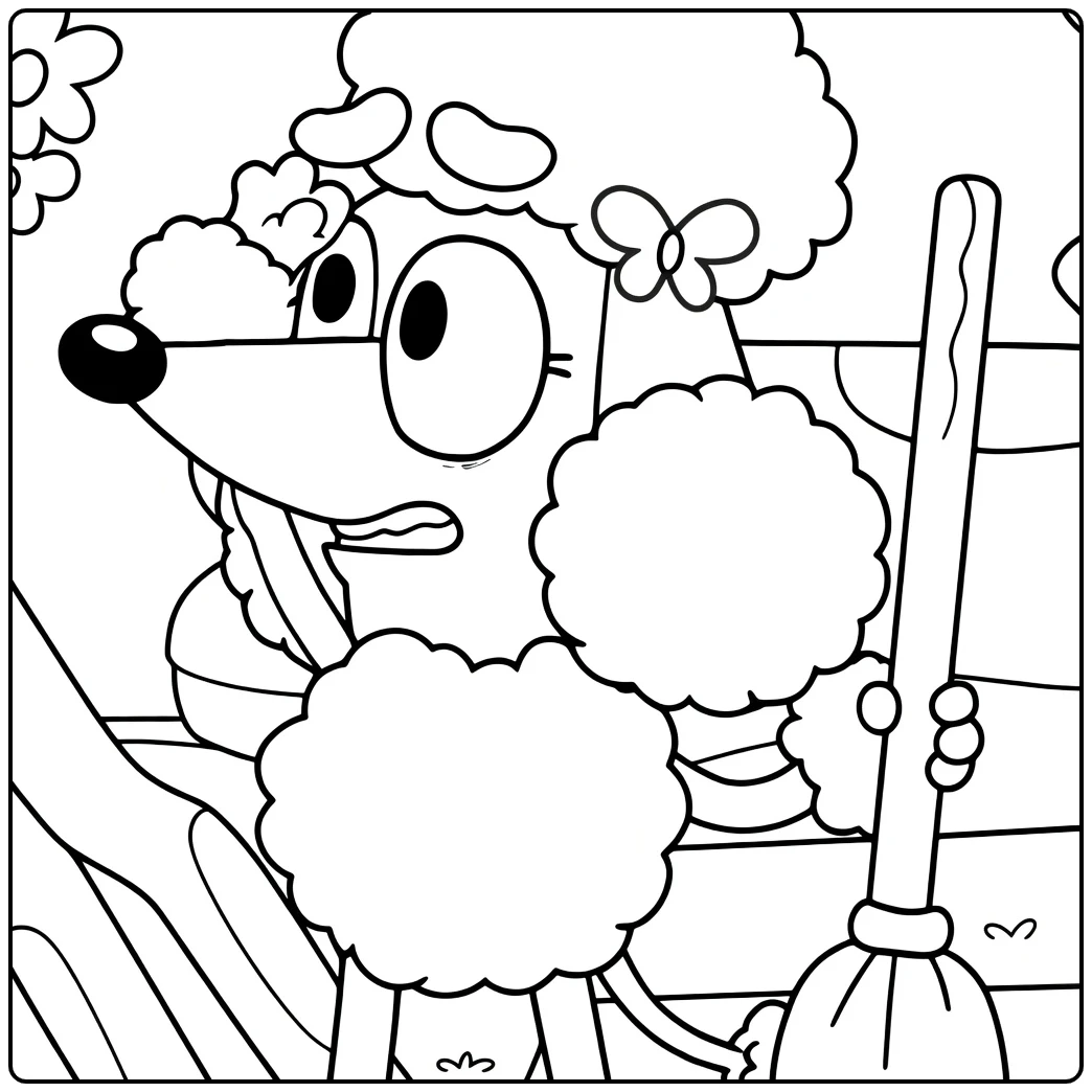 Coco Bluey Cheerful Broom Sweeping with Fence coloring page
