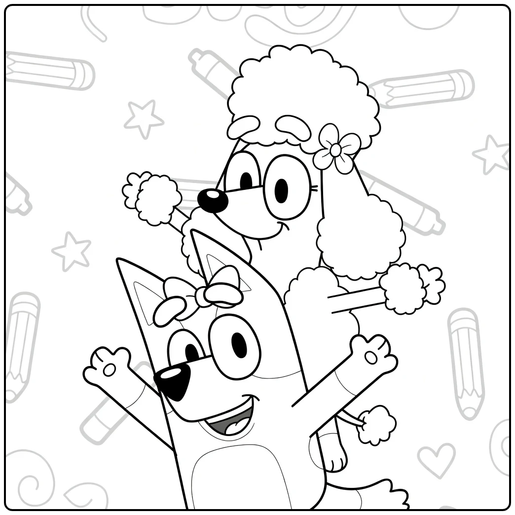 Cheerful Bluey with Coco on Back coloring page