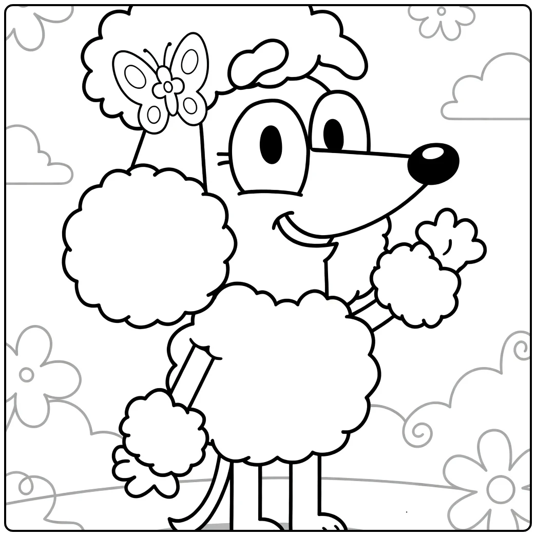 Coco Bluey Waving Cheerful with Butterfly Arch coloring page