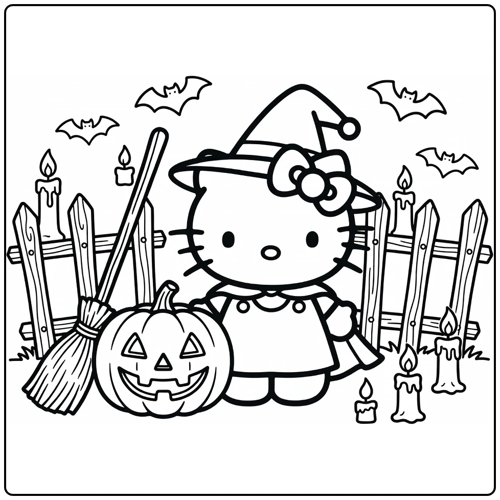 Halloween Hello Kitty as Witch with Pumpkin coloring page