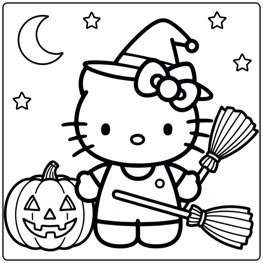 Halloween Hello Kitty as Friendly Witch coloring page