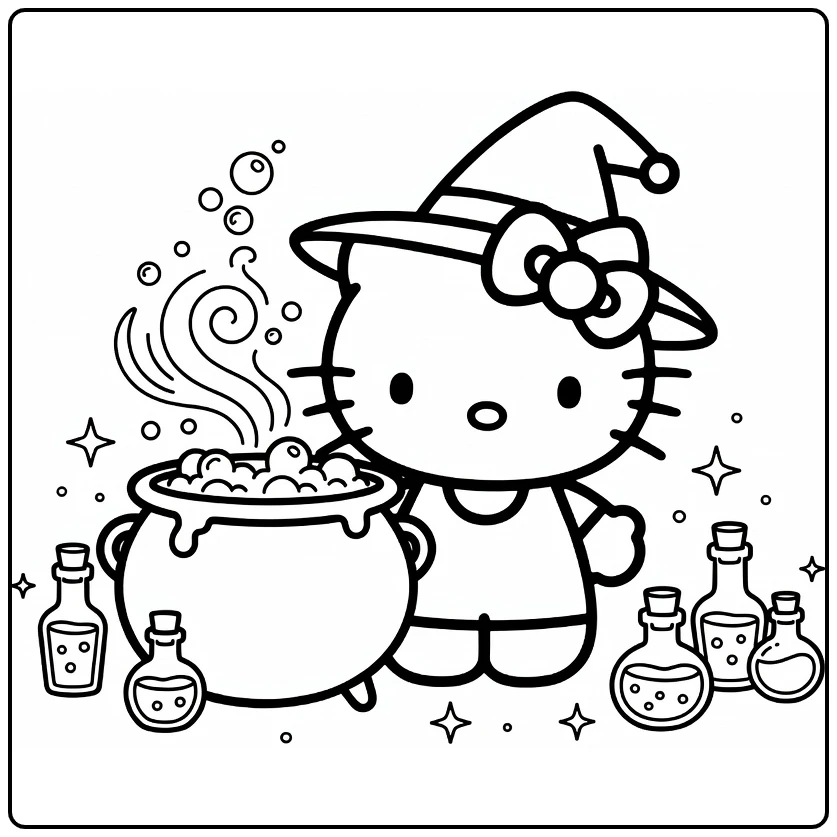 Halloween Hello Kitty with Bubbling Cauldron coloring page