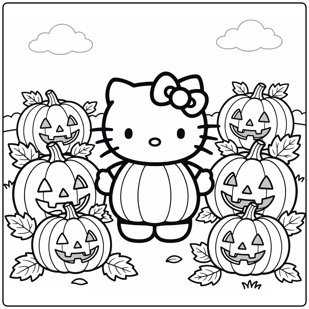 Halloween Hello Kitty Smiling on Pumpkin Patch coloring page
